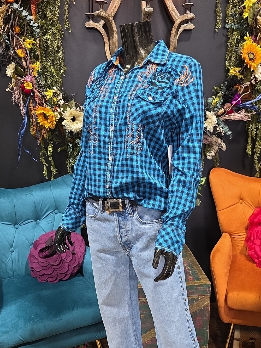 Roar Blue Plaid Embroidered & Beaded Western Button-Down Shirt
